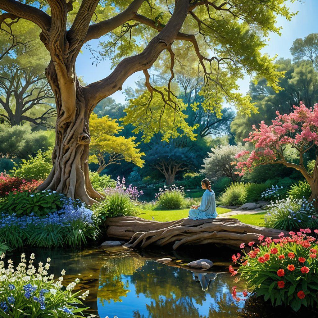 A serene landscape featuring a tranquil garden filled with blooming flowers and a gentle stream flowing through it. In the foreground, a peaceful person meditating under a large, ancient tree, surrounded by soft rays of sunlight breaking through the leaves. Birds can be seen gently flying in the clear blue sky, adding to the sense of harmony. The colors should be soft and calming, evoking a sense of inner peace and tranquility. painting. vibrant colors.